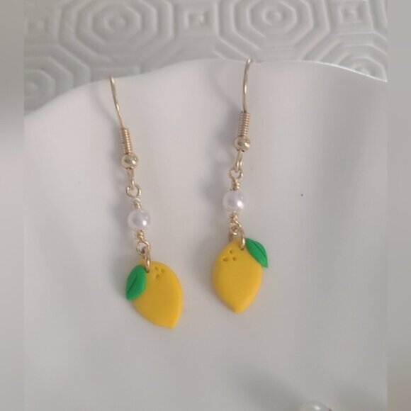 Cute Unique Gold Polymer Clay Pearl Lemon Dangle Drop Summer Earrings - Picture 2 of 2